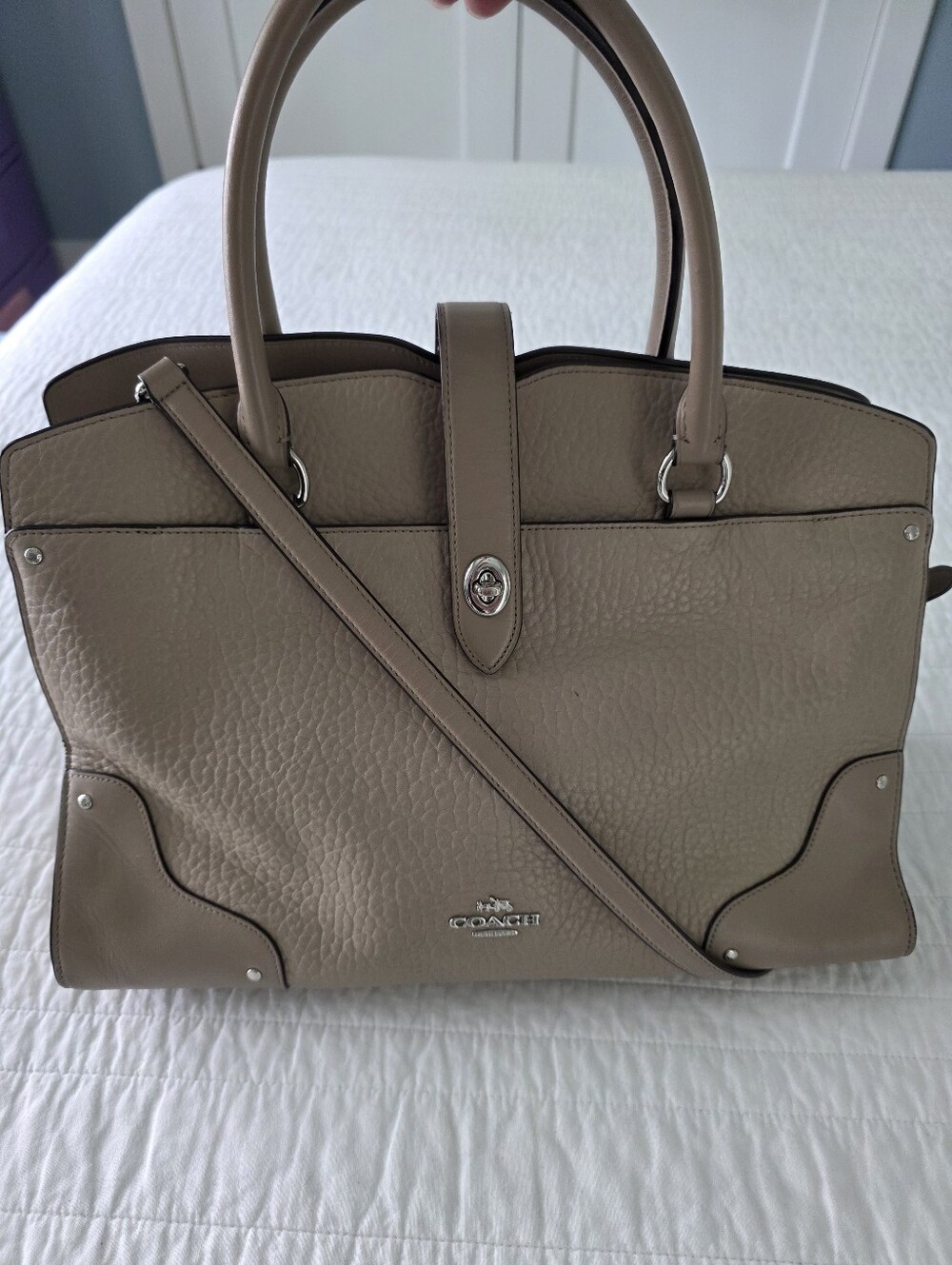 Coach Mercer Taupe Pebbled Leather Satchel with Removable Strap